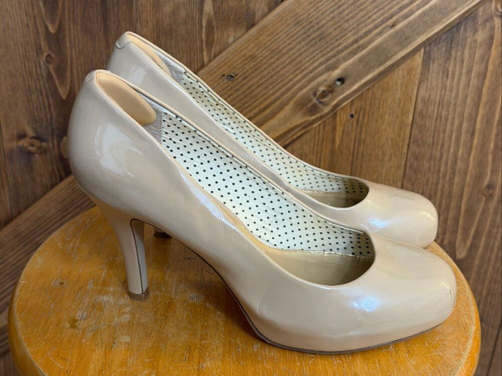 Madden Girl Women’s Nude Tan Patent Platform Pumps Heels Size 8.5